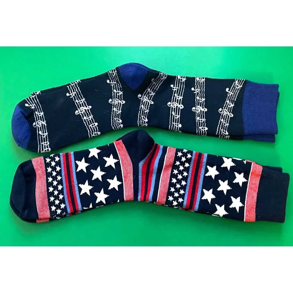 Holiday men's dress socks 10-13 Stars‎ & Stripes (1 pair) Musical Notes (1 pair)
